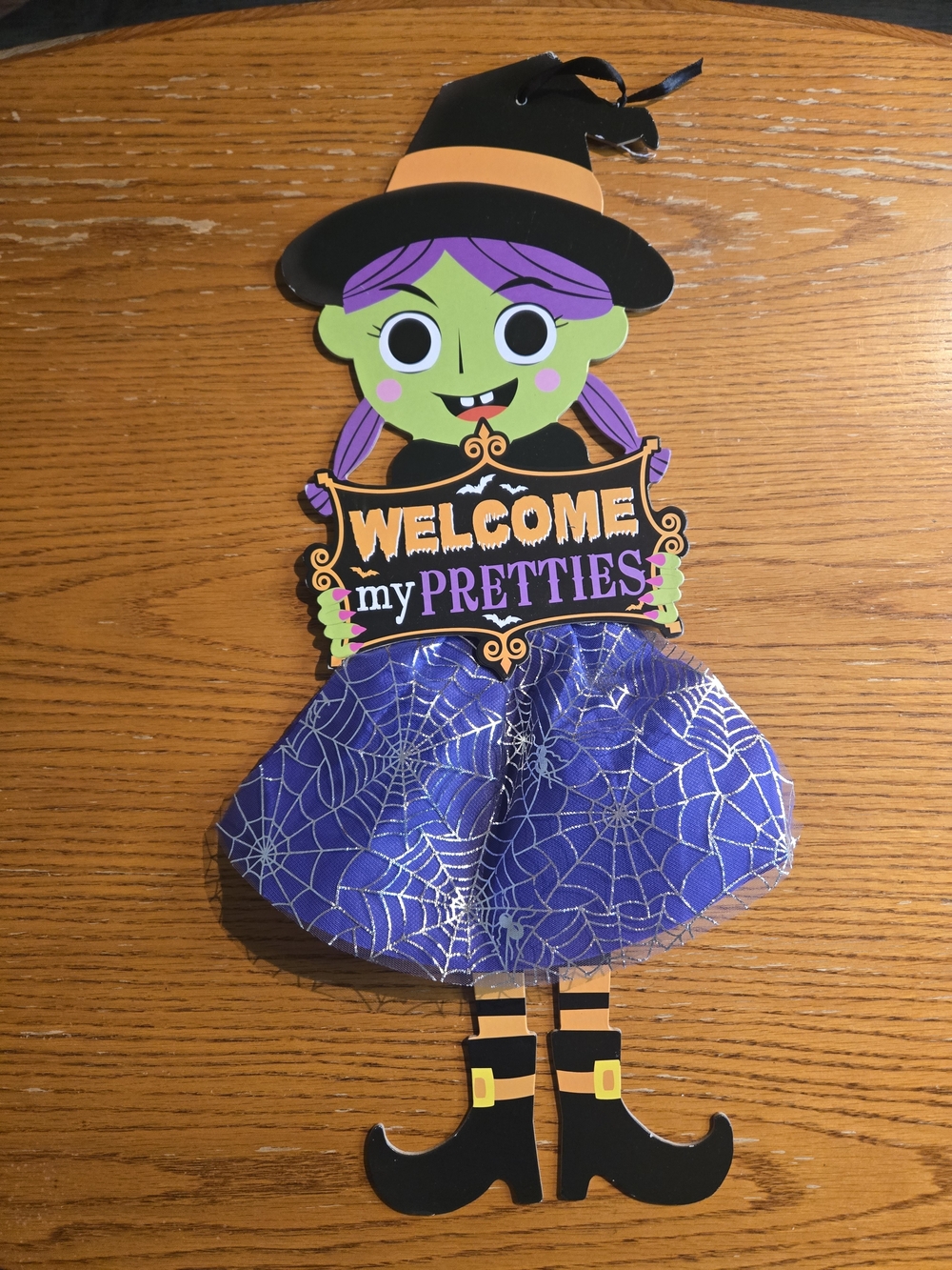 Halloween Witch Welcome My Pretties Wall Hanging - Purple Spiderweb Dress